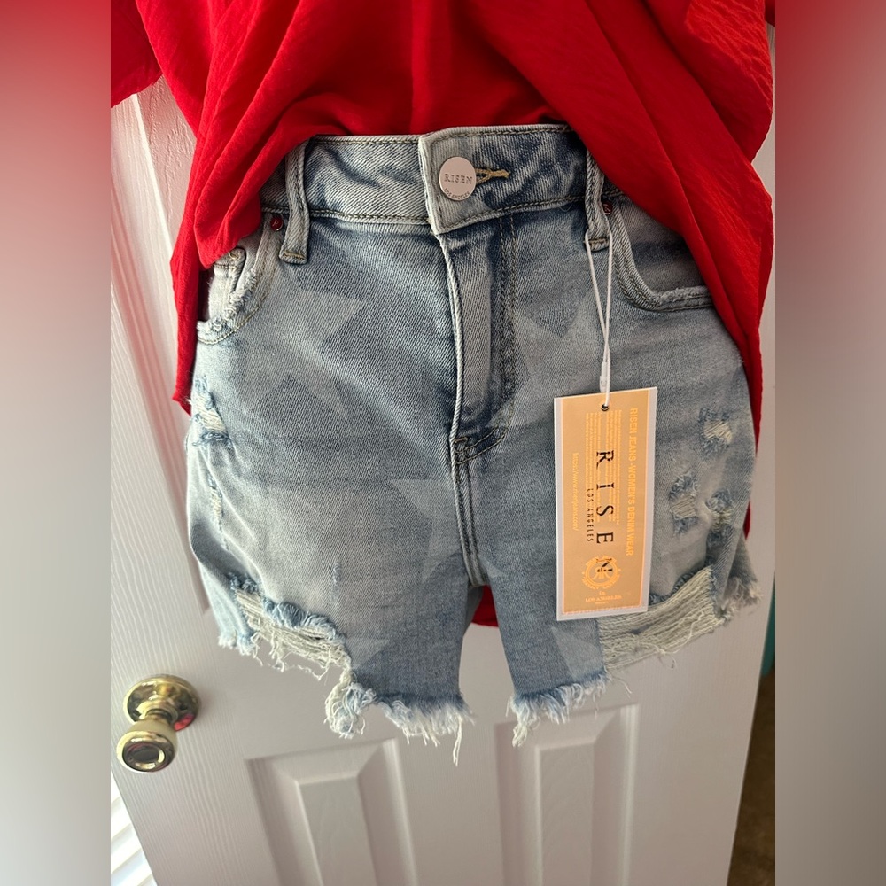 Risen size medium, denim, distressed star patriotic, Jean shorts new with tags
